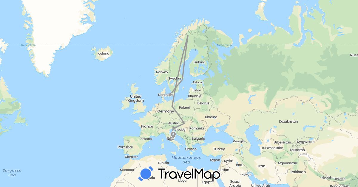 TravelMap itinerary: driving, plane in Germany, Denmark, Hungary, Italy, Sweden, Slovenia (Europe)